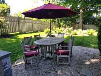 Outdoor Classics Teak Patio Table And Chairs With Maroon Market Umbrella And Heavy Duty Stand Base
