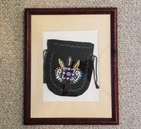 Framed Antique Native American Beaded Black Velveteen Drawstring Wristlet Bag