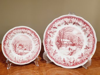 Two Spode Red Transferware English China Winter's Eve Plates