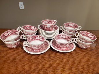 Twelve Each SPODE Pink Tower English Transferware Cups & Saucers