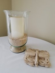 Large Glass Hurricane Holder With Sand & Pillar Candle & Sandstone Dragonfly Wall Plaque
