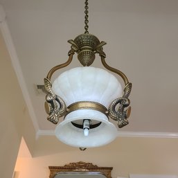 Ornate Reptile Scale Textured Brass Ceiling Mount Light Fixture With Frosted Glass Shade