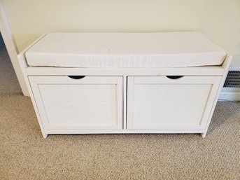 White Wood Storage Bench With Cushion & Two Large Pull Out Drawers