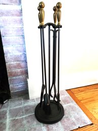 5 Piece Wrought Iron Fireplace Tool Set With Brass Handles