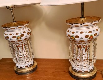 Set 2 Vintage Hand Decorated German Victorian Era Mantle Lamps With Long Prism Crystals