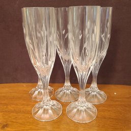 Beautiful Set Of 5 Etched  Crystal Fluted Champagne Glasses