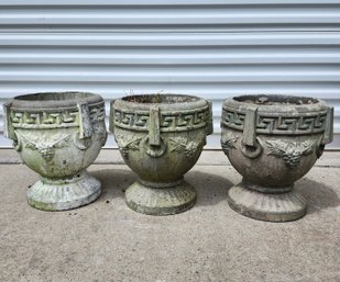 Three Vintage Cement Urns Greek Key And Grapes Motif