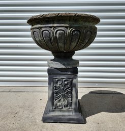 Dark Colored Garden Urn On Pedestal Base