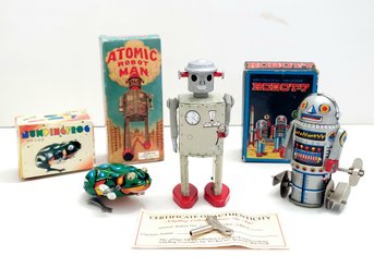 Lot Of 3 Tin Litho Wind-up Toys - Atomic Robot Man, Walking Robot, Jumping Frog EXC WORKING COND In Orig Boxes