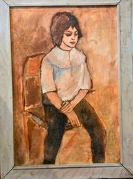 Vintage Figural Portrait Oil Painting Of Pensive Child On Stretched Canvas - Unsigned