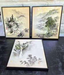 Trio Of Framed Asian Inspired Watercolor/ink Prints