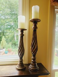 Two Tall Pillar Candle Holders & Two Battery Operated Pillars