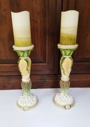 Two Vintage Fitz & Floyd Giardino Asparagus Corn Autumn Fall Pillar Candle Holders W/ LED Candles