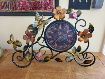 Scrolled Metal With Colorful Butterlies & Leaves Decorative Battery Operated Mantel Clock