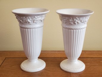 Pair Of Etruria Wedgwood Embossed Queen's Ware Footed Porcelain Vases