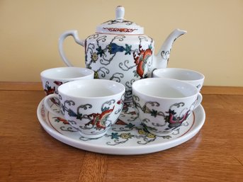 Chinese Jingdezhen Porcelain Hand Painted Butterfly Teapot & Four Teacups - Japan