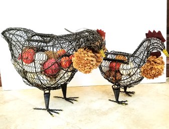 Two Vintage Rustic Handcrafted Metal Rooster & Hen Figurines Filled With Potpourri
