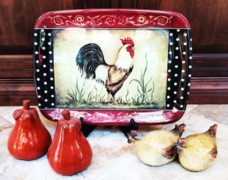 Vintage Melamine Rooster Tray With Ceramic Pears &  Roosters