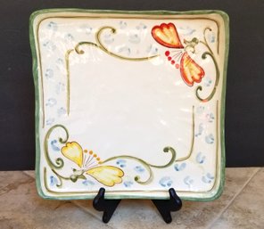 Vintage Square 13' Hand Painted Ceramic Platter - Made In Italy