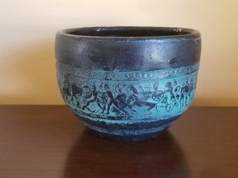 Antique Handmade Greek Pottery Green & Black Bowl