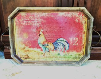 Vintage Large Rustic Wooden Rooster Serving Tray With Metal Handles