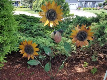 Triple Metal Art Sunflower Garden Stake Large 5 Feet With Bee #2