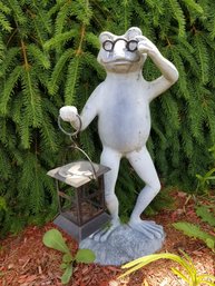 Resin Frog Tilting His Glasses With Lantern In His Hand