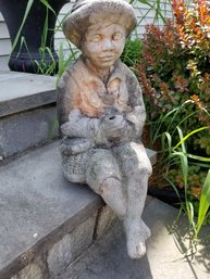 Vintage Cement Boy Fishing Garden Statue