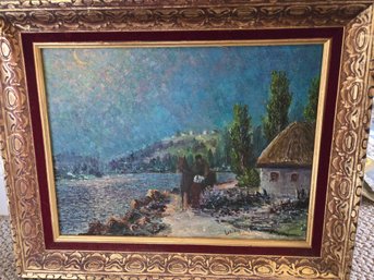 Beautiful Seaside Country Cottage Oil On Canvas With Ornate Gold Gilt Frame