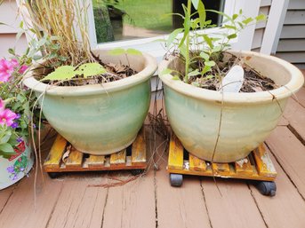 Two Pale Green Glazed Pottery Garden Planter Pots & Wood Slat Wheeled Stands