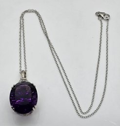 Concave Cut African Amethyst, White Topaz Pendant Necklace In Platinum Over Sterling