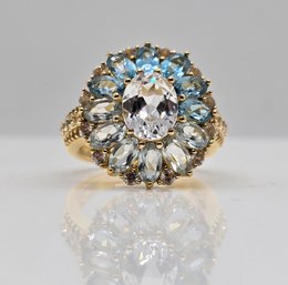 Sky Blue Topaz, White Lab Sapphire, 18k Yellow Gold Over Sterling Ring