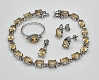 Brazilian Citrine, White Topaz 3 Stone Ring, Earrings,Bracelet & Pendant In Platinum Over Sterling