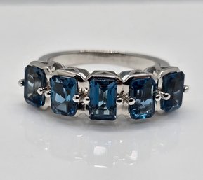 London Blue Topaz 5 Stone Ring In Rhodium Over Sterling