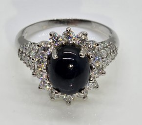 Blue Star Sapphire, Moissanite Ring In Platinum Over Sterling