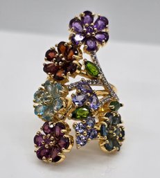 Multi-Gemstone Floral Ring In Yellow Gold Over Sterling