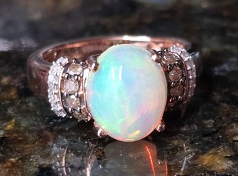 Incredible Premium Ethiopian Welo Opal, Champagne & White Diamond Ring In Rose Gold Over Sterling