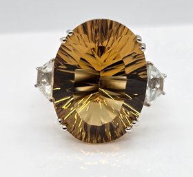 Concave Cut Brazilian Citrine, White Topaz Ring In Platinum Over Sterling