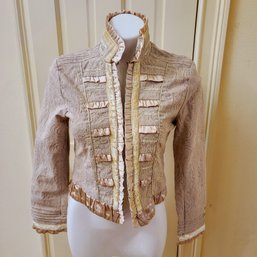 Victorian Couture Cropped Brocade Jacket With Crushed Velvet And Ruffled Silk Trim