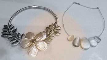 2 Vintage Metallic And Simulated Pearl / Shell Collar Necklaces - Looks Great On All Shapes And Sizes