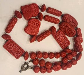 Carved Cinnabar Resin Beaded Necklace With Silver Accent Beads 32' Length