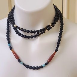 2 Polished Black Onyx Beaded Necklaces - One With Turquoise With Carnelian And Turq. AccentsTeardrop Accents