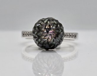 Tahitian Cultured Pearl Carved, Diamond Ring In Rhodium Over Sterling