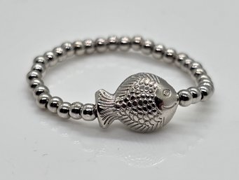 Beaded Stretch Ring With Fish Charm In Rhodium Over Sterling