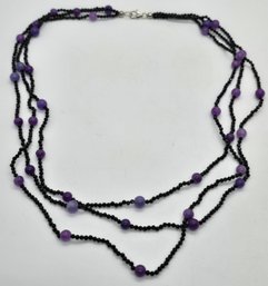 Purple Jade, Black Spinel Beaded Necklace In Sterling