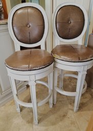 Pair Of Ballard Design Traditional Wood High Back Counter/bar Stools With Leather Cushions