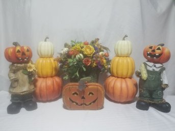 Halloween Fall Decor: Pumpkin Statues & Hanging Artificial Floral Arrangement