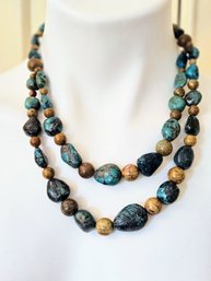 JAY King DTR Double Strand Polished Tigers Eye Mixed With Turquoise Necklace And S.S. Cla