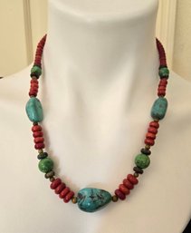 Exceptiinal Quality In This Genuine Blue And Green Turquoise / Coral / Tigereye Stone Necklace