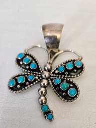 Lovely Sterling Silver Dragonfly Pendant With Turquoise Stone Inlay Signed By Artist